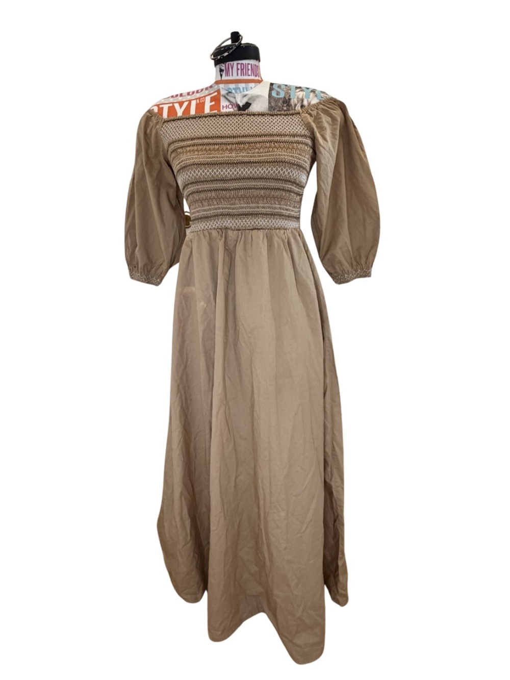 Old Navy Taupe Smocked Bodice Puff Sleeve Maxi Dress